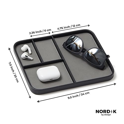 Nordik Leather Valet Tray - Pebble Black - Premium Vegan Leather Stylish and Organised Nightstand Tray for Men - EDC Catchall Tray for Keys, Watch, Wallet, Jewellery - Modern Bedside Caddy