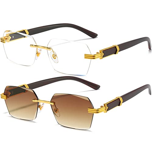 AIEYEZO Retro Rimless Sunglasses Rectangle Unisex Vintage Frameless Sun Glasses Fashion Square Tinted Glasses (Gold/Grey + Gold/Grey Gradient + Gold/Clear)