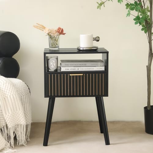 MaxSmeo Black Nightstand with Drawer, Mid Century Modern Bedside Table with Open Shelf Storage, End Table with Solid Wood Legs, Black