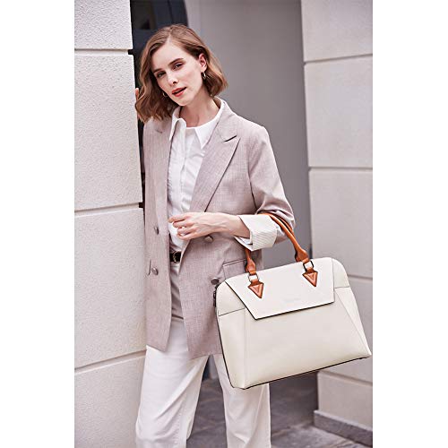 BOSTANTEN Briefcase for Women Leather 15.6 inch Laptop Shoulder Bag Office Work Crossbody Handbag Beige-White