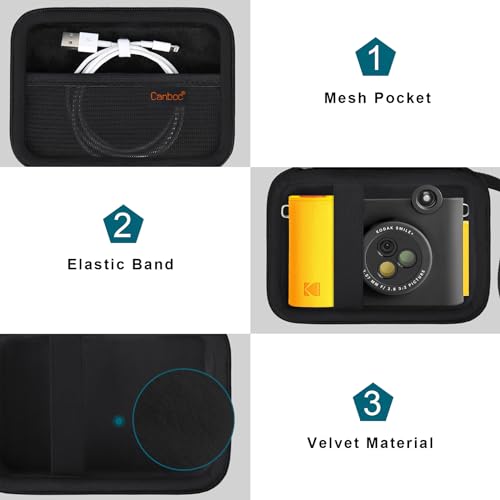 Canboc Carrying Case Compatible with KODAK Smile+ Wireless Digital Instant Print Camera, Mesh Pocket fit Photo Paper, USB Cable, Black (Case Only)