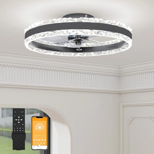 VOLISUN Low Profile Ceiling Fans with Light and Remote, 19.7in Fandelier Ceiling Fan with Light, 3000K-6500K Dimmable Flush Mount LED Ceiling Fan Light, White Modern Ceiling Fan Light for Bedroom