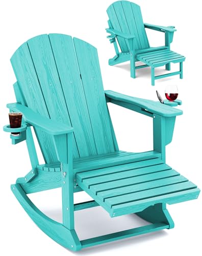 KINGYES Folding Adirondack Rocking Chair with Retractable Ottoman and Cup Holders, 4-in-1 Multifunctional HDPE Adirondack Chair for Porch, Patio, Balcony, Aqua Blue