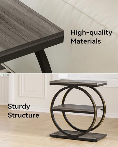 LITTLE TREE End Table, 3-Tier Side Table, Slim Sofa Side Table for Living Room, Tall Bedside Table Nightstand for Bedroom, Grey and Black