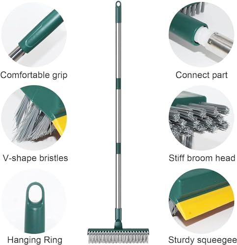 JIGA 2 Pack Floor Scrub Brush with Long Handle, 2 in 1 Scrape Brush Stiff Bristle Brush Scrubber, Cleaning Brush for Deck, Bathroom, Tub, Tile, Grout, Kitchen Floor, Patio, Garages, Gray