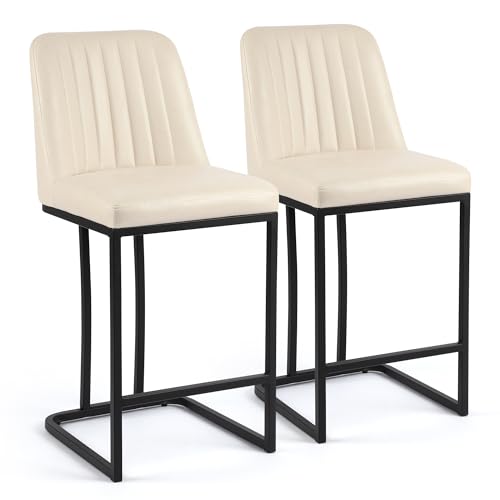 LSSPAID Counter Height Bar Stools Set of 2, 24.8 Inch Modern Upholstered Fabric Kitchen Island Chairs with Backrest and Footrest, Black Metal Leg for Kitchen Counter, Beige