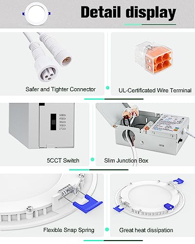 VOLISUN 12 Pack 3 inch LED Recessed Light, 5CCT Recessed Lighting with Junction Box, 2700K-5000K Selectable, Dimmable Canless Wafer Downlight, LED Ceiling Light ETL Certificated