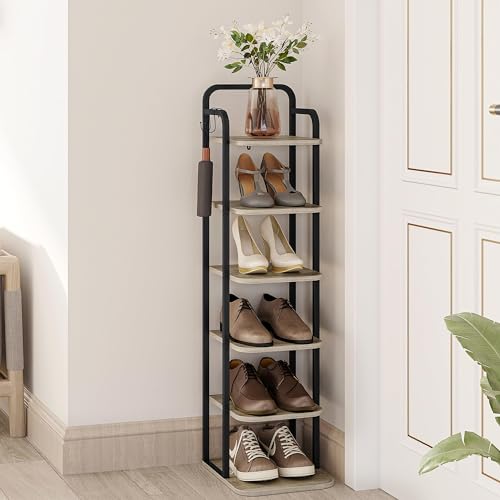 Hzuaneri Vertical Shoe Rack, Shoe Shelves, Wood Shoe Organizer for Closet, Entryway, Shoe Tower for Small Spaces, Free Standing, Adjustable, with 2 Hooks, 6 Tier Black SR04204B