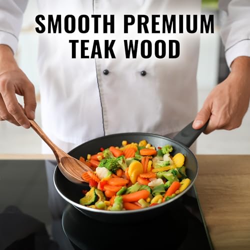 Zulay Kitchen Extra-Large 6-Piece Wooden Spoon Set for Cooking - Smooth Teak Wooden Utensils - Comfort-Grip Non-Stick Wooden Cooking Spoons - Large Wooden Turner, Spatula, Skimmer, Fork, Serving Spoon