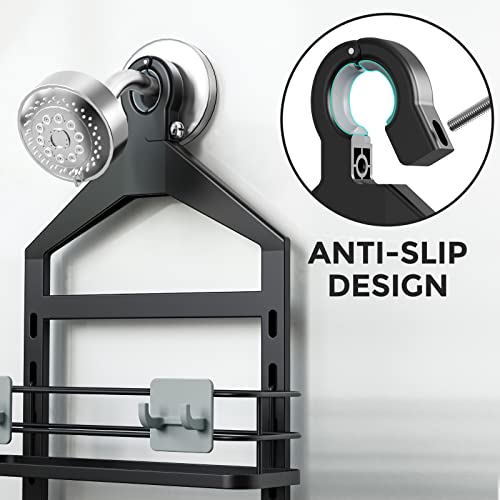 ODesign 2 Tier Shower Caddy Organizer-Over The Shower Head Caddy-Anti-Swing Hanging Bathroom Shelves-Shower Storage Basket Rack Rustproof-Height-Adjustable Large Shower Caddies-Black