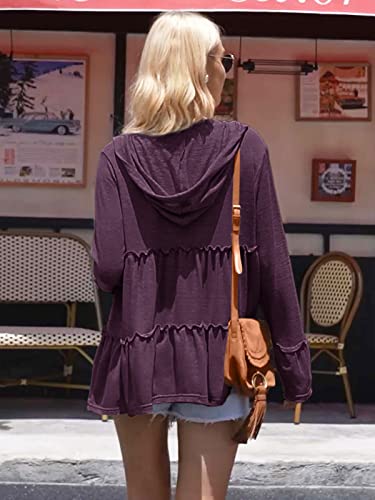 DEESHA Full Zip Up Hoodie for Women Pleated Tiered Ruffle Hooded Sweatshirts Jacket Coat Long Sleeve Purple