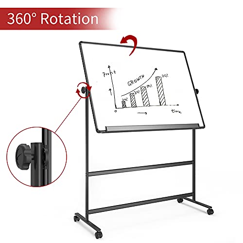 VIZ-PRO Double-Sided Magnetic Mobile Whiteboard, 48 x 32 Inches, Height Adjustable Rolling Dry Erase Board Black with 4 Markers, 6 Magnets, 1 Eraser and 2 Hooks