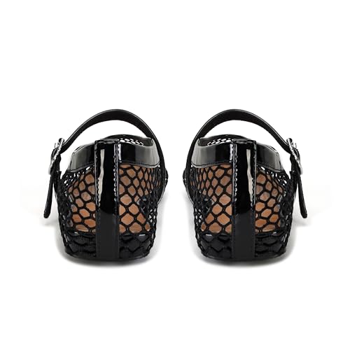 DOEYG Mesh Ballet Flats for Women Round Toe Mesh Flats Ballet Shoes Buckle Strap Mesh Mary Jane Flats Comfy Casual Office Summer Fishnet Ballerina Flats Shoes Gold