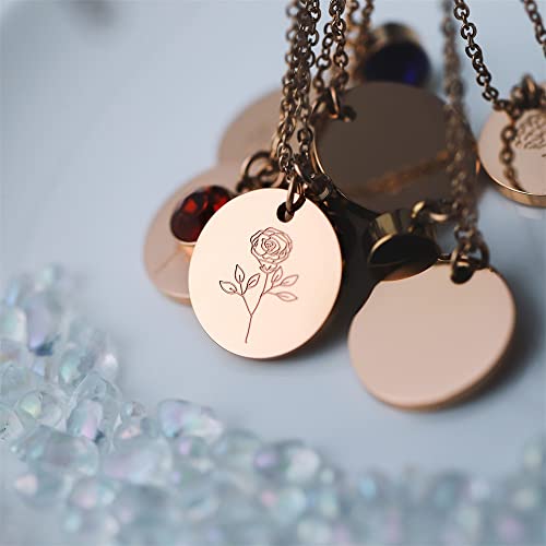 LEFTLY Birth Flower Necklace, Rose Gold Floral Pendant Necklaces, Dainty Birth Month Flower Disc Charm Hand Stamped Flower Disk Necklace