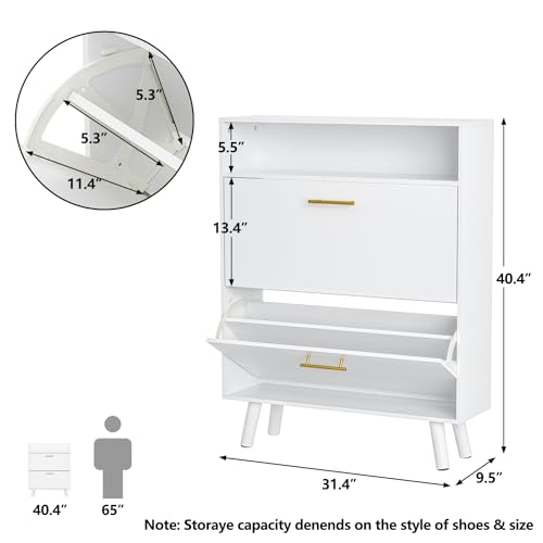 SINROM Shoe Cabinet for Entryway, Slim Shoe Storage Cabinet with 2 Flip Drawers, Freestanding Shoe Organizer with Open Shelf for Hallway, Black