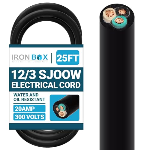 IronBox Electric Bulk 12/3 SJOOW Electrical Cord - 20A, 300V Max Rating - Water & Oil Resistant 3-Conductor Electric Cable - UL Listed Heavy Duty Portable Electrical Wire for Indoor and Outdoor (25ft)