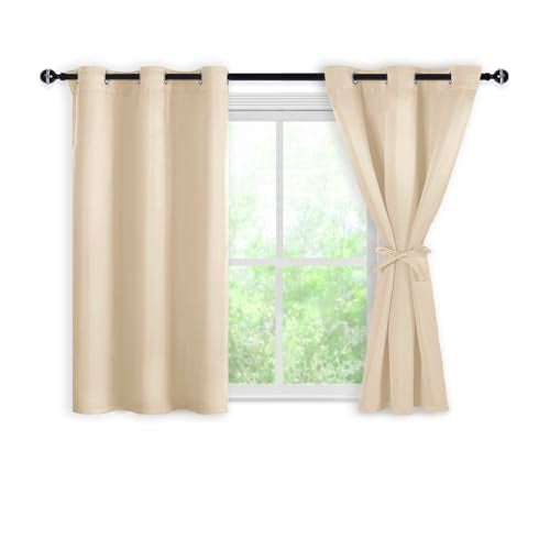DWCN 100% Beige Blackout Curtains 84 Inches Long for Bedroom with Black Liner, Double Layer Thermal Insulated Room Darkening Window Curtain Panels with Tiebacks for Nursery Room W52 x L84, 2 Panels