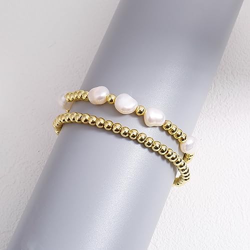 Gold Pearl Beaded Bracelets for Women Baroque Pearl Stackable14K Gold Plated Stretch Bead Ball Bracelet Jewelry Gifts (2PCS)