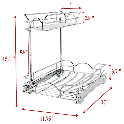 OCG Under Sink Cabinet Organizer Two Tier Pull Out Shelf (11.75W x 17D), Under Sink Sliding Shelf for Kitchen Bathroom Cabinet 2 Tier Chrome
