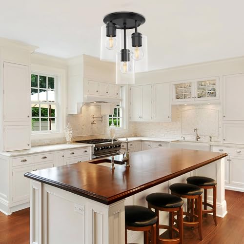 3-Light Semi Flush Mount Ceiling Light, Close to Ceiling Light Fixture with Clear Glass Shades, Modern Hallway Lighting Fixtures for Bedroom, Kitchen, Foyer Entryway with E26 Socket(Bulb Not Included)