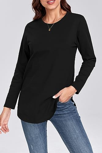 M T 4 YOU Women's Long Sleeve Cotton Shirt Round Neck Basic Casual Top Fall Trendy Tunic Outfits Fitted T Shirts Black