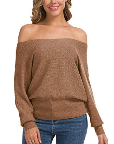Feiersi Women's Off Shoulder Sweater Long Sleeve Loose Pullover Knit Jumper (Rose Red,Large)