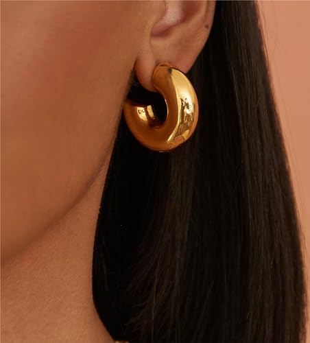 Tituthia Chunky Gold Hoop Earrings for Women, Trendy Simple 14K Gold Plated Thick Large Gold Hoop Earring for Women Hypoallergenic Lightweight Open Big Hoops Earrings Trendy Gold Jewelry Women