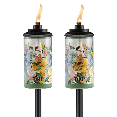 TIKI Brand 2-Pack Wild Flower Glass Easy Install Tiki Torch. Decorative Lighting for Lawn Patio Backyard, 65 Inch, Multi-Color, 1122123