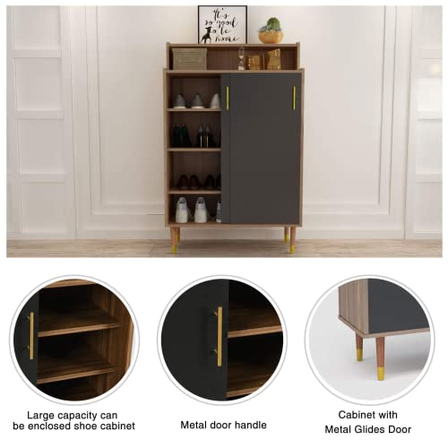 Alohappy Shoe Cabinet, 4-tier Freestanding Shoe Rack Storage Organizer Sliding Doors & Wood Legs, Modern Shoe Storage Cabinet opening shelf Hallway Entryway Living Room Bathroom (Walnut& Black)