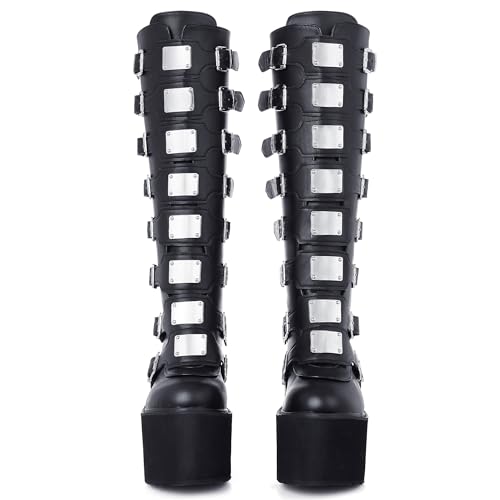CELNEPHO Womens Chunky Platform Knee High Boots High Heel Round-Toe Zip Punk Goth Mid Calf Combat Boots For Women