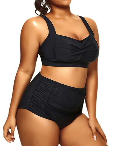 Daci Women's Plus Size Bikini Sets - High Waisted Two-Piece Swimsuits with Tummy Control Green Leave 26 Plus