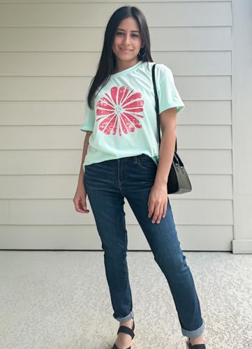Anbech Women's Sunflower Shirts Cute Flower Graphic Tees Botanical Tshirt Rolled Sleeve Tops (Blue, S)