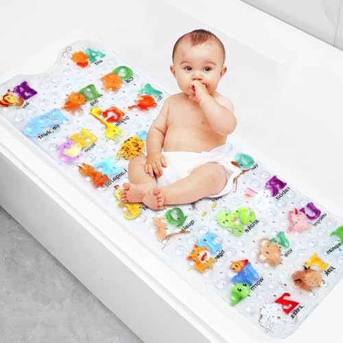 Secopad Baby Bath Mat for Tub for Kids, 40 X 16 Inch Non Slip Cartoon Bath Tub Shower Mat Anti Slip with Drain Holes and Suction Cups Machine Washable, 26 Alphabet and Animals