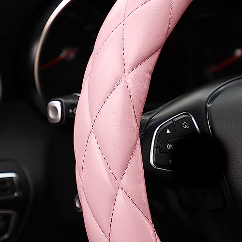 YHONGJT Soft Microfiber Leather Steering Wheel Cover, Universal 15 Inch for Women Girls, Fit Vehicles, Sedans, SUVs, Vans, Trucks - Light Pink