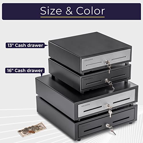 Volcora Cash Register Drawer for Point of Sale (POS) System with Removable Coin Slots, 5 Bill/6 Coin, 24V, RJ11/RJ12 Key-Lock, Media Slot, Black