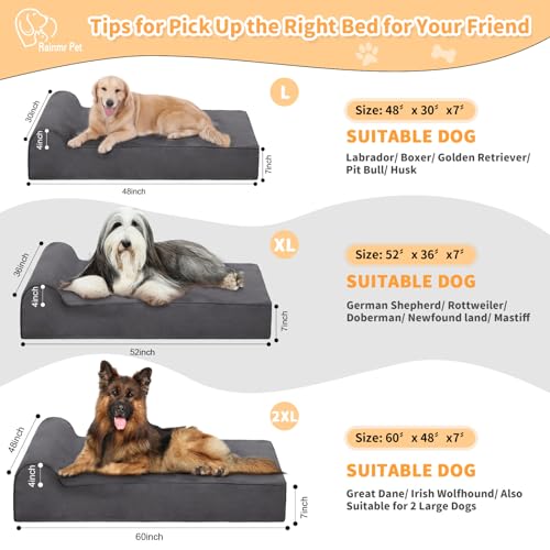 Rainmr 7 inch Orthopedic Dog Bed for Large Dogs - Chew-Resistant & Washable Microsuede Cover/Waterproof Inner Case - with 4 inch Headrest Memory Foam Dog Bed (Large, Grey)