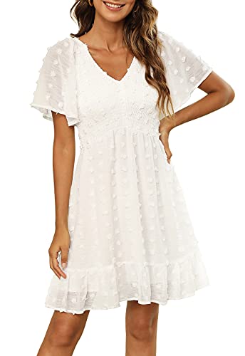 Zattcas Womens 2024 Spring Summer Beach Boho Swiss Dot Smocked Dress Short Sleeve Mini Graduation Bridal Shower Maternity Wedding Guest Dress Dusty Rose S