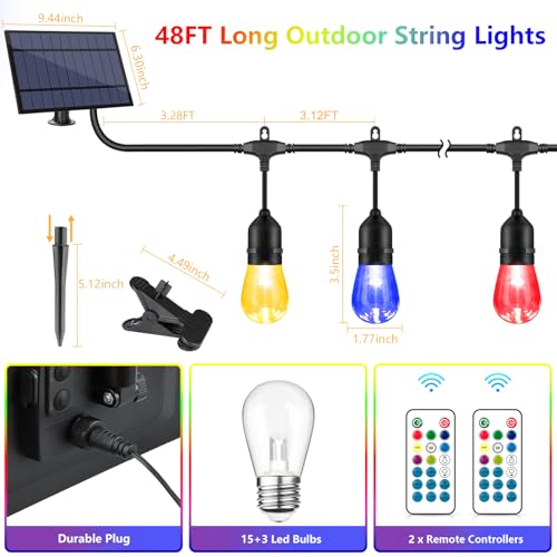 WENFENG 48FT Solar Outdoor RGB String Lights, 15+3 Waterproof Shatterproof LED Bulbs Dimmable Patio String Lights with Remote, Commercial Solar String Light for Patio Yard