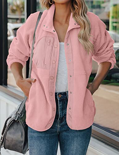 ZESICA Women's Fall Winter Sherpa Fleece Jacket Casual Long Sleeve Button Down Fuzzy Shacket Outerwear Coat,Apricot,Small