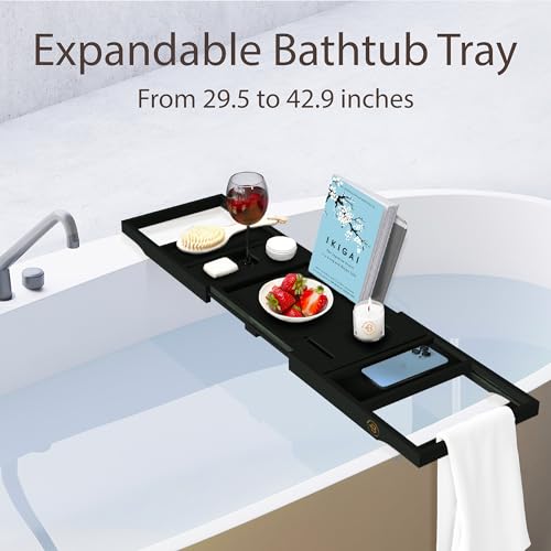 Bambüsi Bathtub Tray Table - Collapsible & Adjustable Bathtub Caddy - Space-Saving Folding Bath Tub Tray - Wood Bathtub Accessories - Unique Valentines Day Gifts for Women or Men (Black Bamboo)