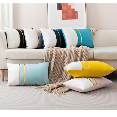 ZLINA Set of 2 Velvet Decorative Lumbar Pillow Covers Black White Patchwork with Gold Leather Pillow Covers 12 × 20 Inch Cushion Covers Decor Living Room Sofa Bedroom Car