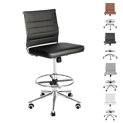 LUCKWIND Drafting Chair Tall Office Chair Ribbed - Mid-Back PU Leather Standing Desk Stool with Adjustable Foot Ring Wide Seat Tilt-Tension Rocker Lumbar Support Swivel Rolling 400lbs, Black
