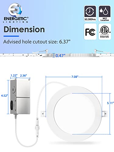 Energetic 6 Pack 6 Inch 5CCT Ultra-Thin LED Recessed Ceiling Light with Junction Box, 2700K/3000K/4000K/5000K/6500K Selectable, 12W 120W Eqv, 900LM, Dimmable Canless Wafer Downlight, IC Rated, ETL&FCC