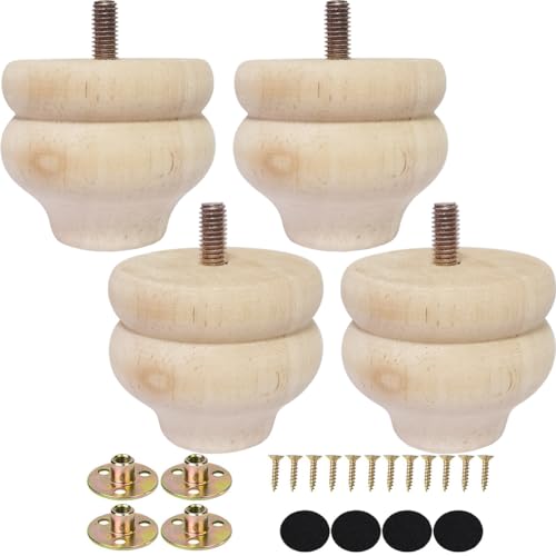 Btibpse 2 Inch Wooden Furniture Legs, Solid Wood Unpainted Replacement Furniture Legs, Cabinet Legs/Desk/Sofa/Bookcase Bun Feet, DIY Wooden Round Legs with Mounting Plate & Screws Set of 4