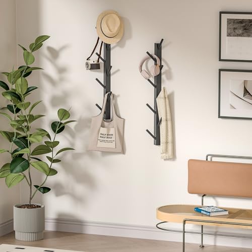 TIOPGHAD 2-Pack Wood-Wall-Mounted-Coat-Hooks, Bamboo Vertical Coats Rack Holder Hanger with 8 Hooks Entryway Hanging Wooden Racks for Hanging Jacket Coat Hat in Entryway Office Bathroom(Black)
