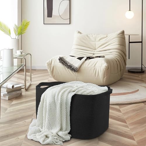 MEGASKET Extra Large Rectangle Storage Basket, 23.6" x 17" x 12" Black Blanket Basket Storage for Living Room, Large Soft Woven Cotton Rope Basket, Kids Toy Baskets Organizer Bins, Wicker Basket