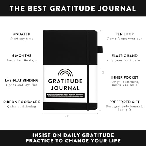 The Gratitude Journal - 5 Minutes a Day for More Happiness, Positivity, Thankfulness, Productivity, Mindfulness & Self Care - Undated Original Daily Gratitude Journal for Women & Men (Black)