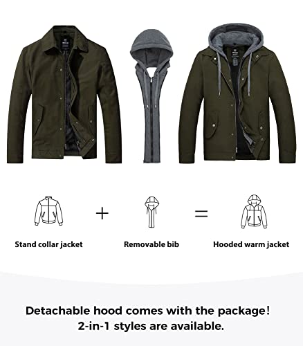 wantdo Men's Casual Winter Jacket Fleece Lined Work Jackets Warm Cargo Military Coat with Hood Army Green X-Large
