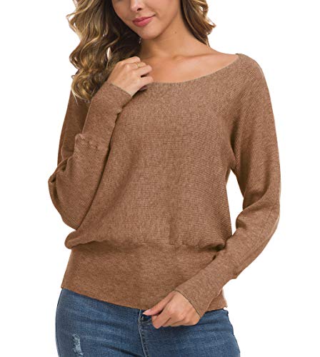 Feiersi Women's Off Shoulder Sweater Long Sleeve Loose Pullover Knit Jumper (Rose Red,Large)
