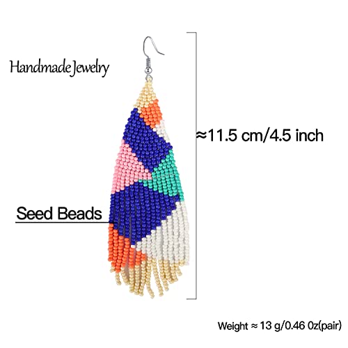 CALORVIA Boho Big Long Tassel Beaded Dangle Earrings Native Handmade Bohemian Large Statement Fringe for Women (Colorful)